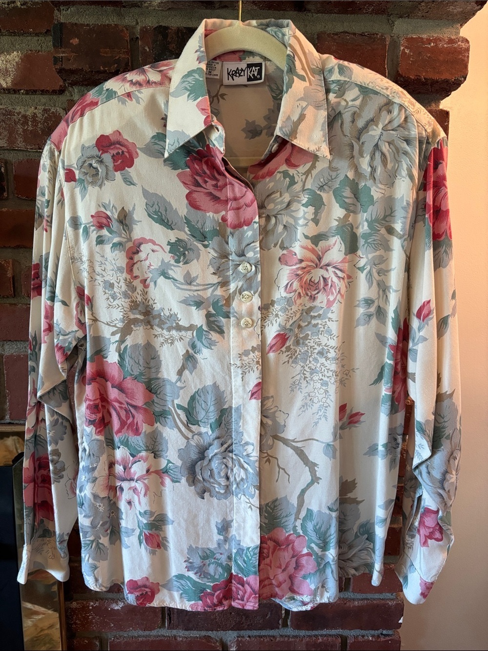 krazy kat Floral Button-Down Shirt w/ Sewn-in Shoulder Pads -Vintage Women’s Med